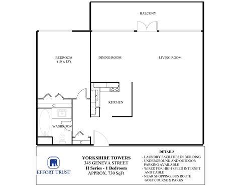 A floor plan for a Yorkshire Towers apartment shows a bedroom, a living room, a dining room, a kitchen and a washroom.